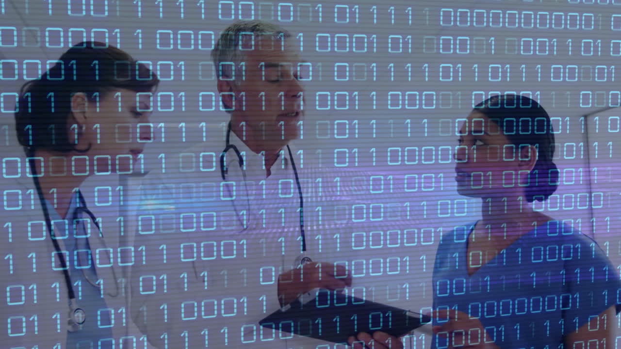 Animation of binary coding data processing over caucasian doctors