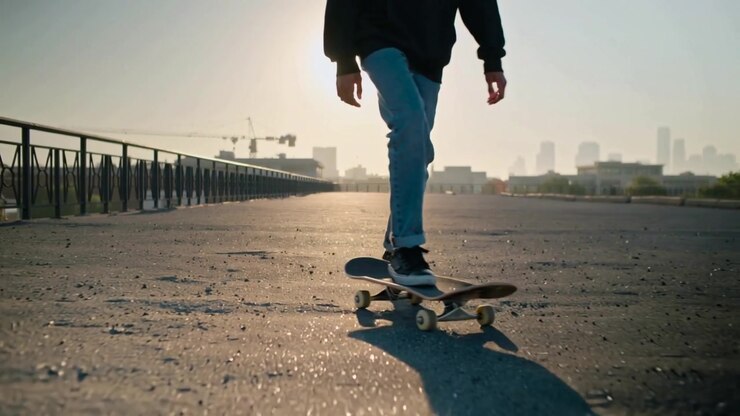 Skater in maglia nera che sale sullo skateboard, appoggia il piede sulla tavola sul molo e inizia a correre per divertimento