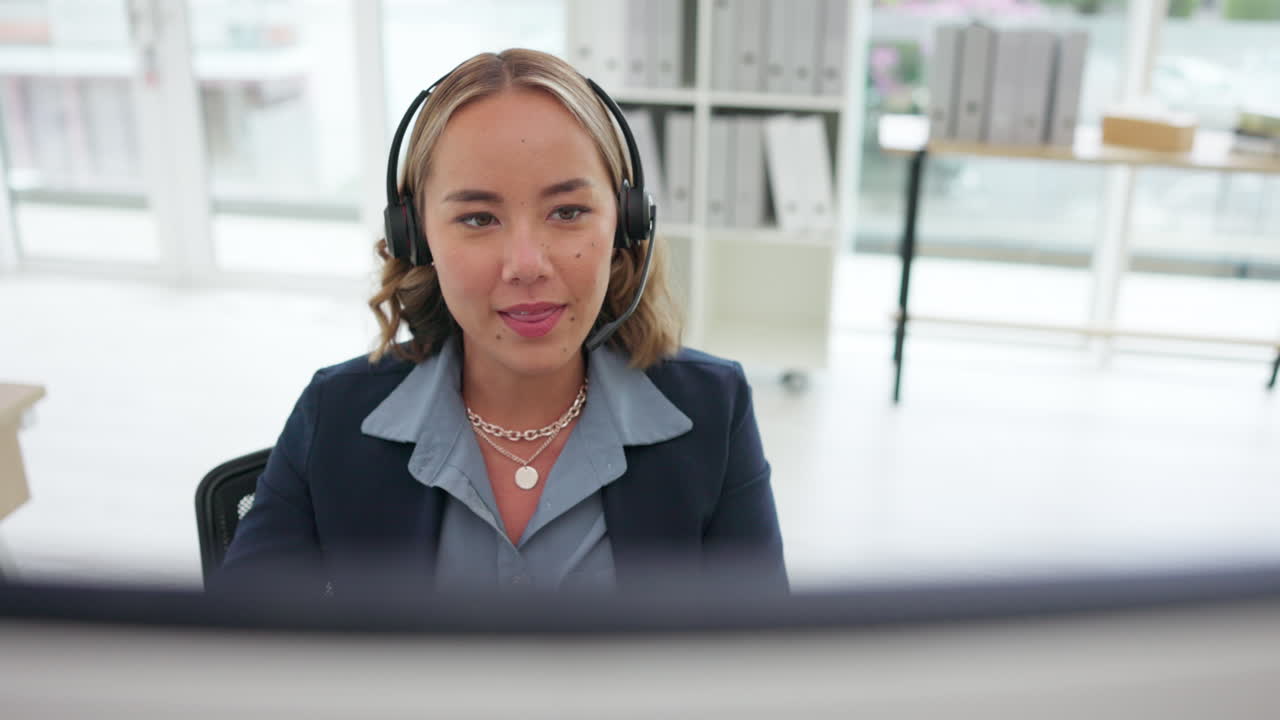 Happy asian woman, call center