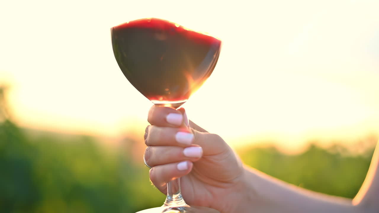 En hand håller ett glas rött vin och fångar ögonblicket när solen går ner över en vacker vingård. Det varma skenet skapar en avslappnad atmosfär som är perfekt för att varva ner.