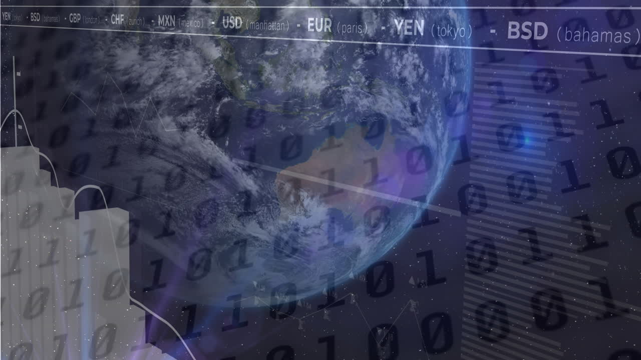 animación de códigos binarios sobre gráficos y nombres de monedas contra el globo en el fondo