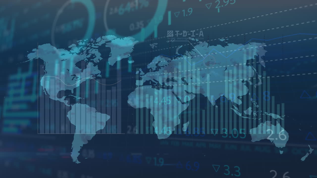 Animation of stock market data processing over world map against aerial view of cityscape