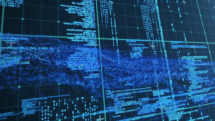 Animation of digital data and code flowing across futuristic grid interface