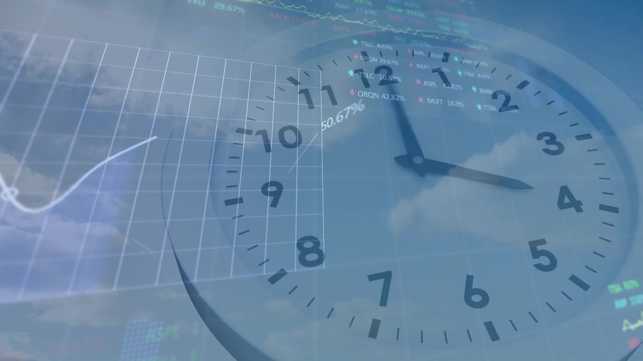 Animation of clock and financial data processing over wind turbine