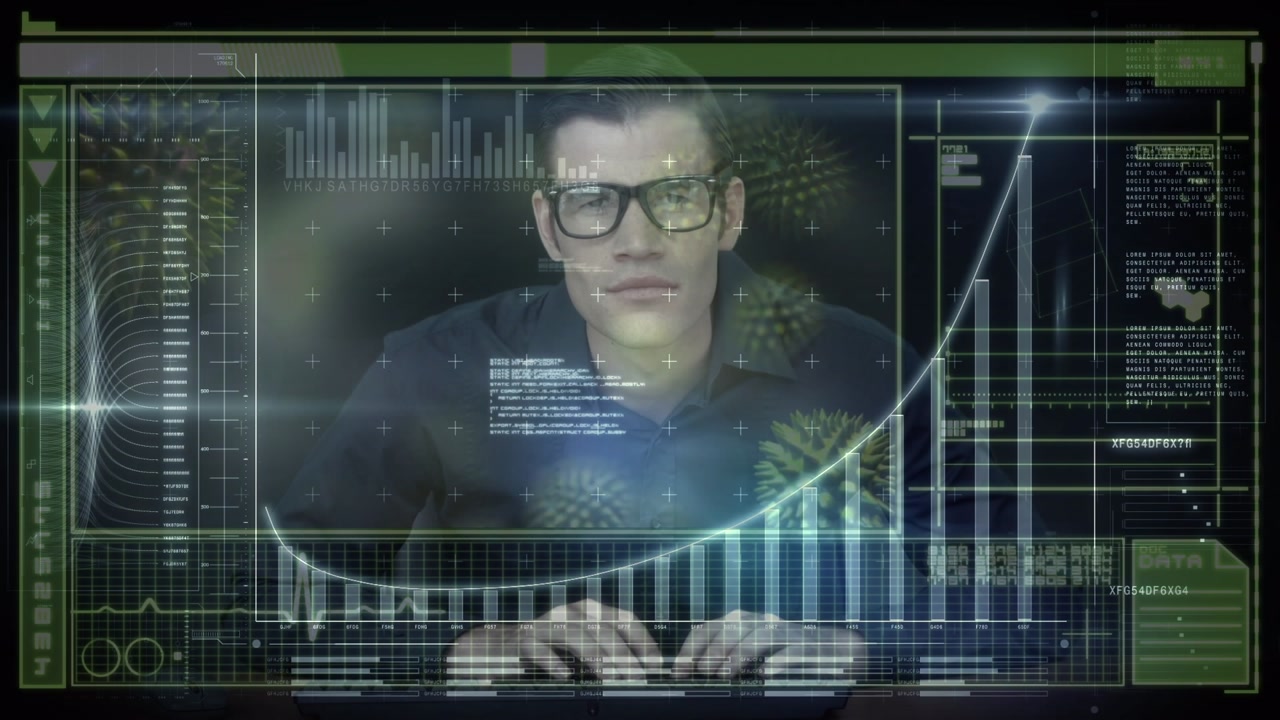 Animation of digital screen with data, graphs, light and caucasian male programmer