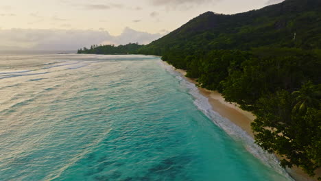 Aerial-drone-view-of-travel-destination-exotic-beach-resort-in-the-Seychelles-Islands