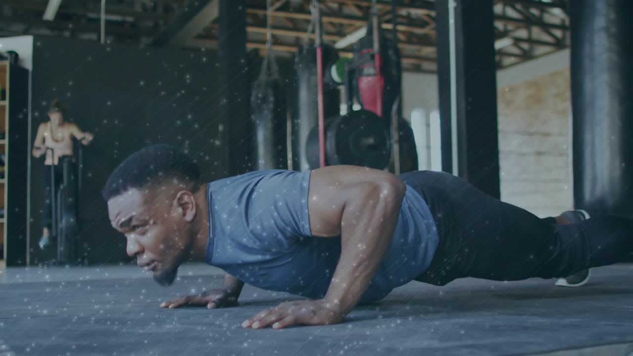 Man performing slow push-ups starting from high plank, while animated rep counter tracking fitness