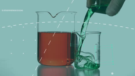 animación del procesamiento de datos y líneas sobre vasos con líquido