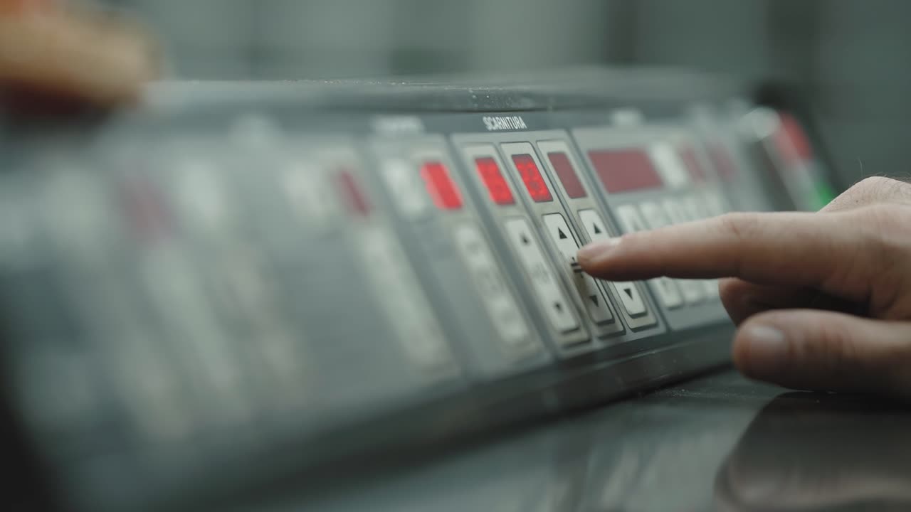 Closeup worker finger pressing control panel buttons operating industrial manufacturing machine in factory
