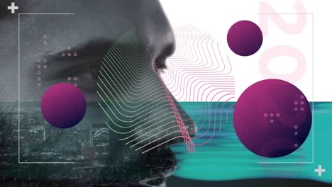 Animation-of-monochrome-male-face-with-purple-spheres-and-kinetic-shape-over-cityscape-and-blue-band