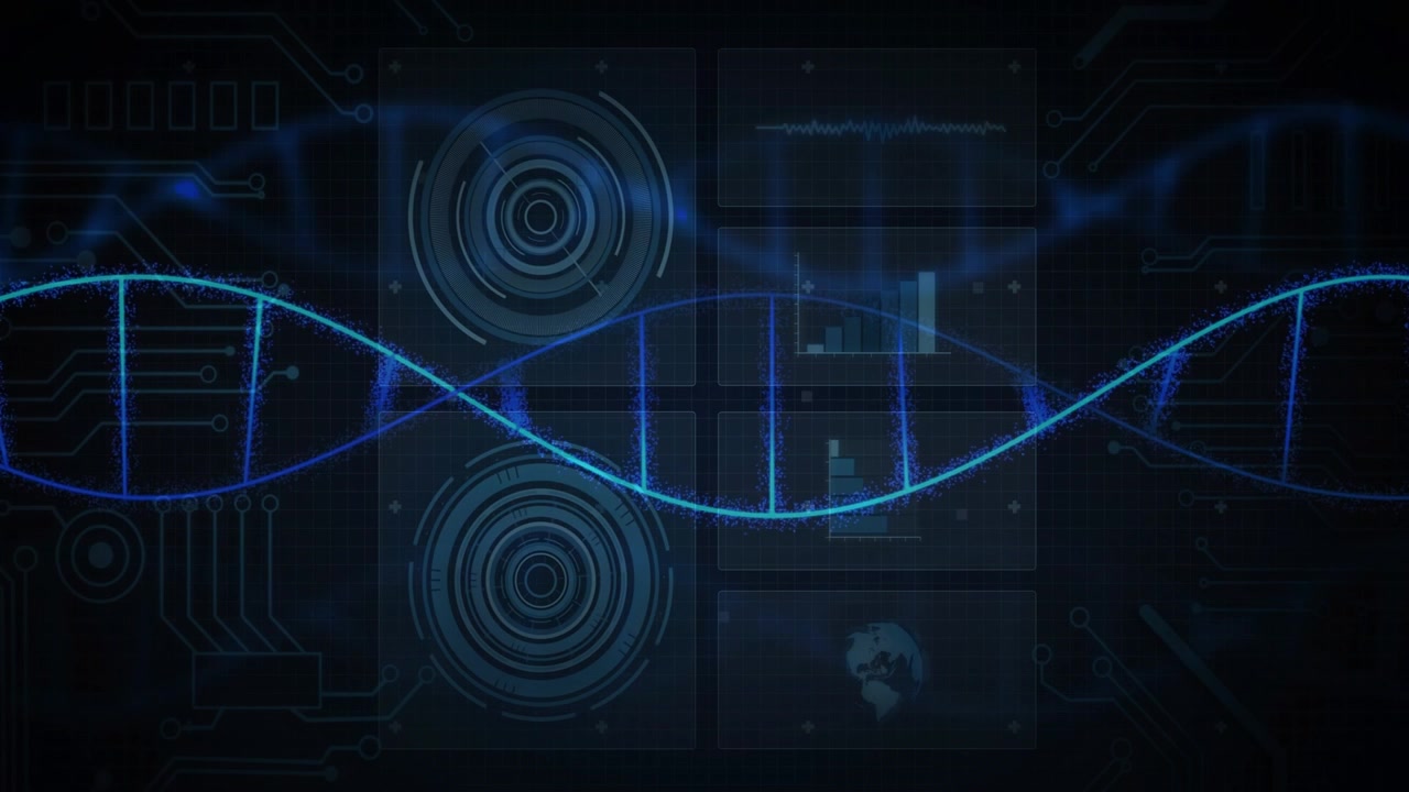 Glowing blue double-helix entering left, brightening, bobbing and lighting panels for data visuals