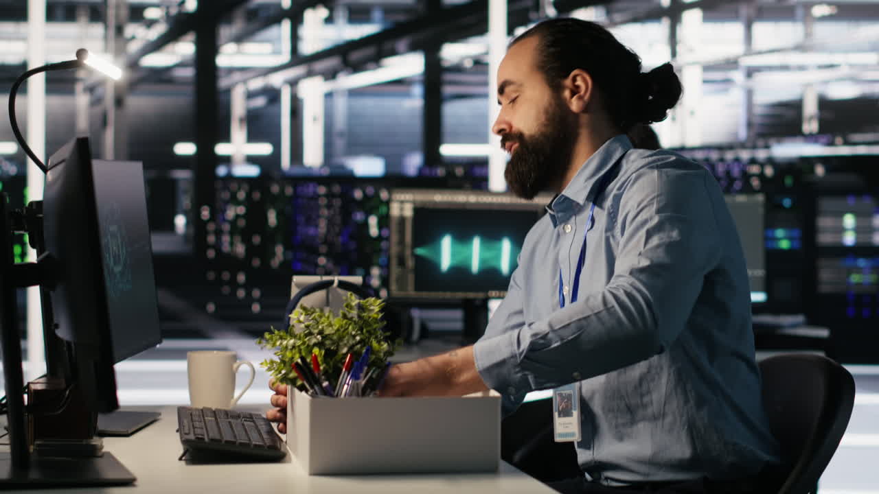 Vertical video Upset data center worker packing desk after being replaced by AI