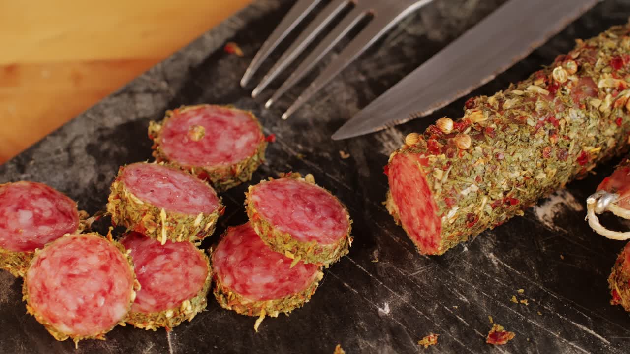 Mix of spanish pork sausages, Cutting board of appetizing catalonian snack - fuet, jamon, chorizo, olives, supermarket tapas food in spain, traditional cuisine.