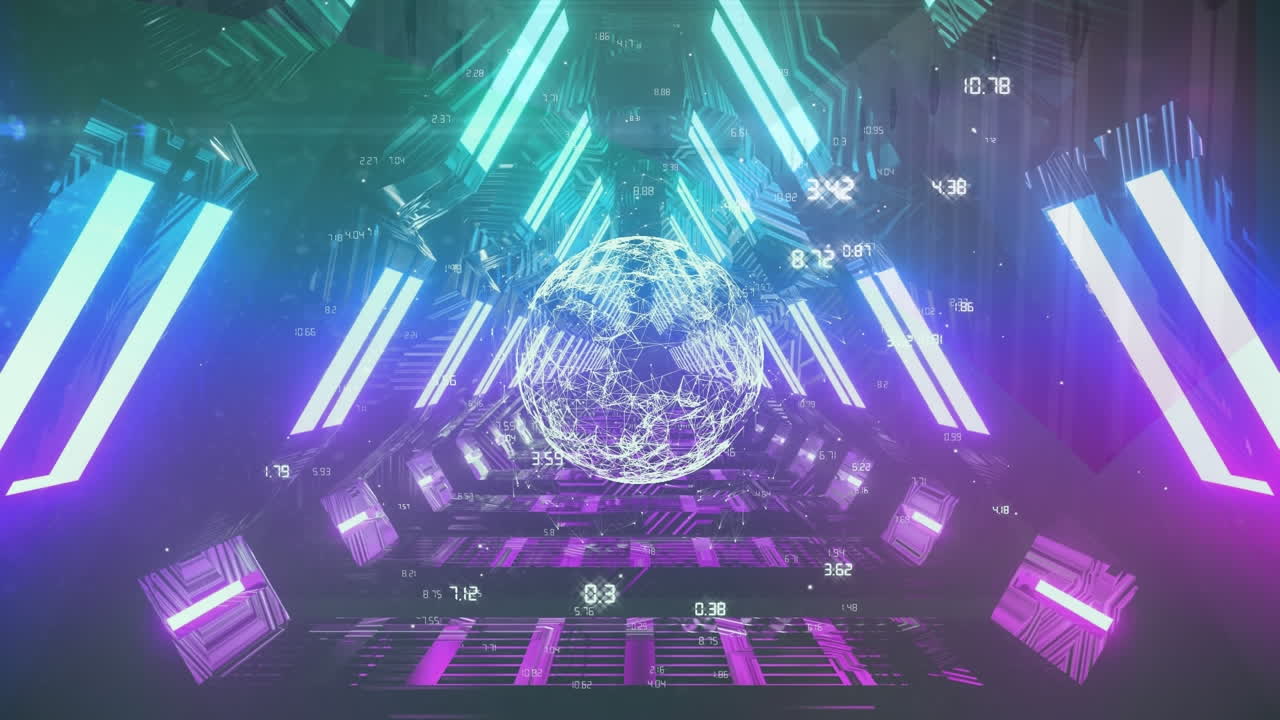 네온 디지털 터널에서 회전하는 지구와 숫자의 애니메이션