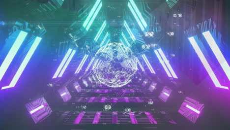animation of rotating globe and numbers in neon digital tunnel