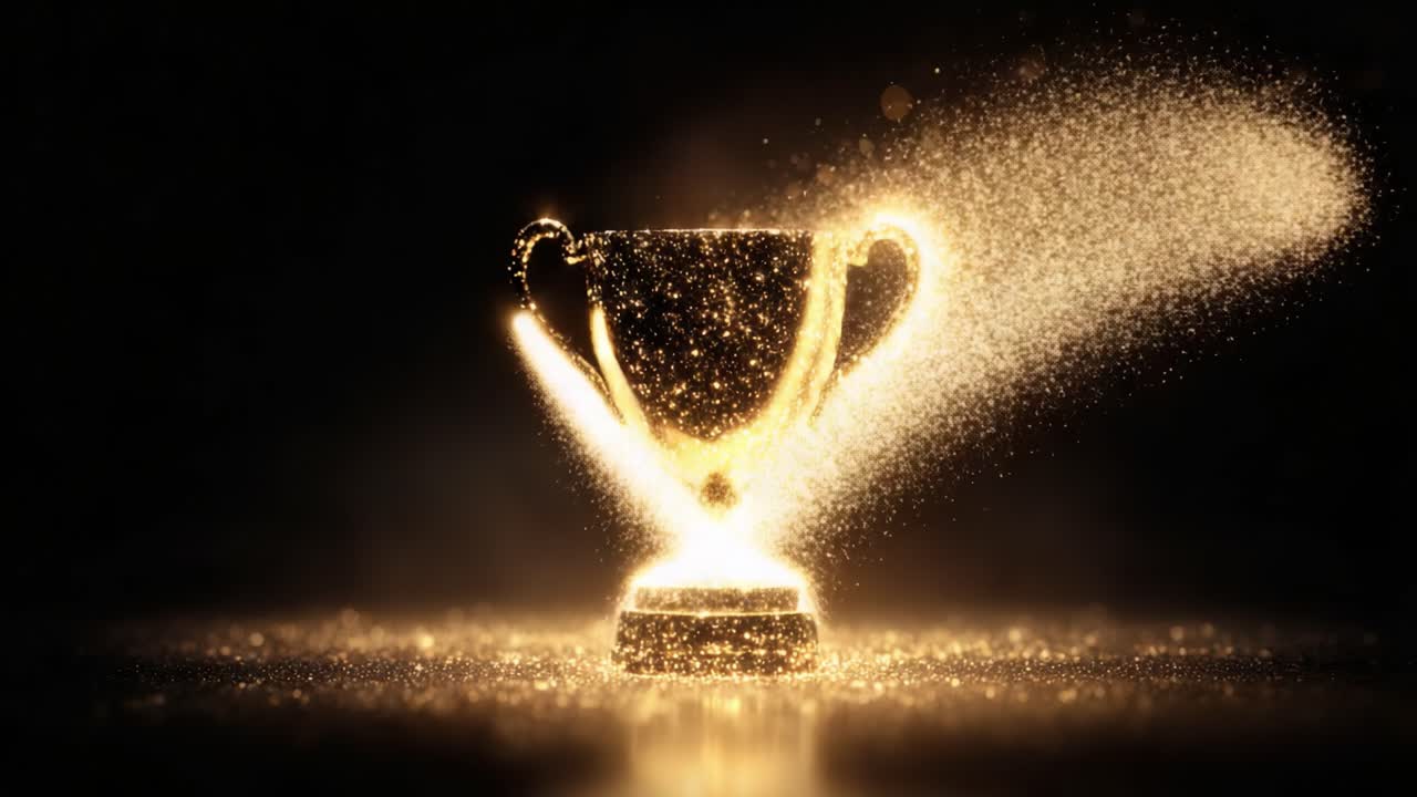 A Radiant Golden Trophy Surrounded by Sparkling Dust, Representing Achievement and Success in Competitions and Celebrations