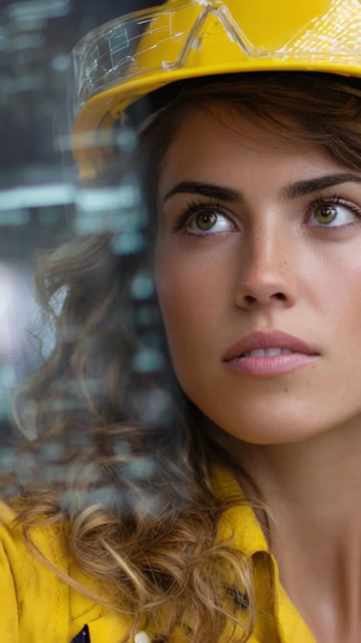 Focused Engineer in Yellow Hard Hat Analyzing Data on Transparent Screen within a Modern Workplace Setting Emphasizing Innovation and Technology Management