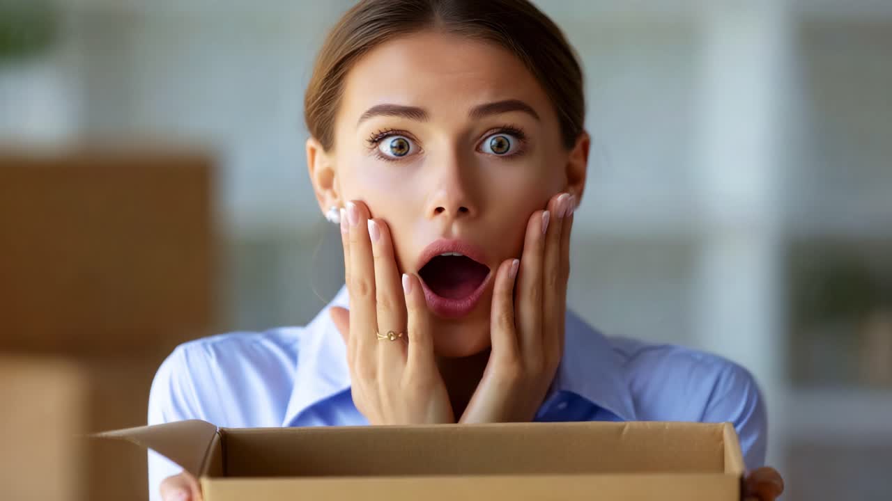 A Surprised Woman Unboxes an Unexpected Package, Capturing Her Expressions of Astonishment and Anxiety in Two Frames from a Captivating Video Sequence