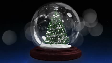 Animation-of-falling-stars-and-snow-globe-with-christmas-tree-over-fireworks-on-dark-background