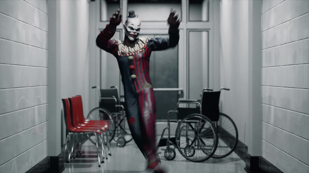 공포스럽고 악몽적인 장난이 공포스러운 병원 복도에서 춤을 추고, 병원에서 춤추는 조롱거리, 무서운 악몽적 장난의 개념, 애니메이션은 무서운 그리고 종말의 배경에 완벽합니다.