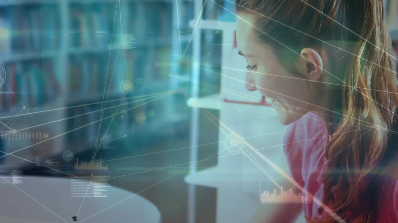 Animation of network of connections over female teacher and schoolgirl writing