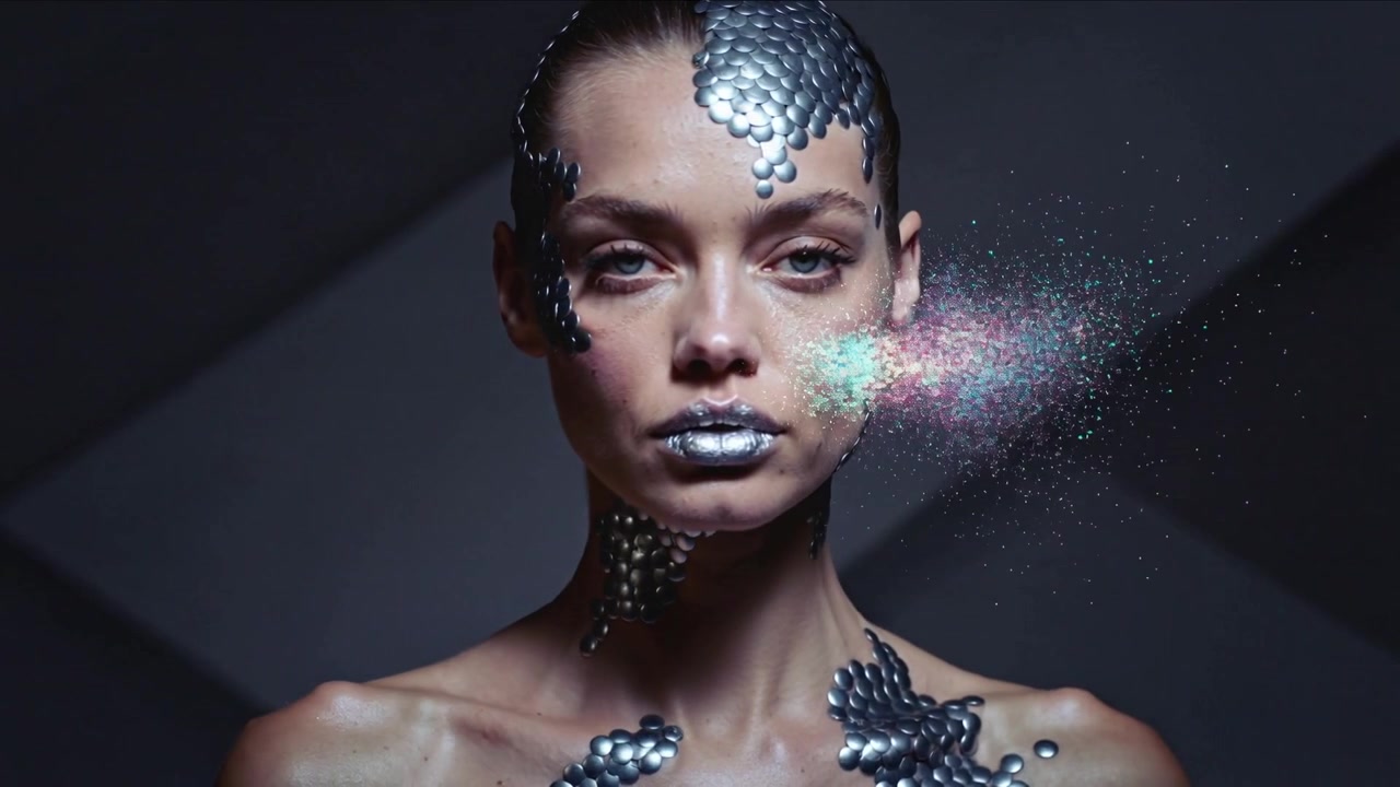 Model berpose dengan sisik logam dan bibir perak bersandar, menerima semprotan glitter untuk pemotretan kecantikan