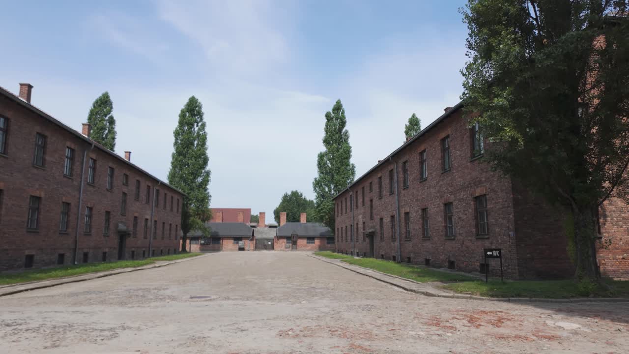 Auschwitz camp with solemn barracks and barbed wire, preserving tragic wartime memories