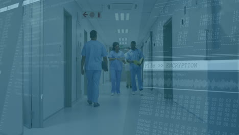 healthcare professionals walking hospital corridor, reviewing charts with floating encryption code