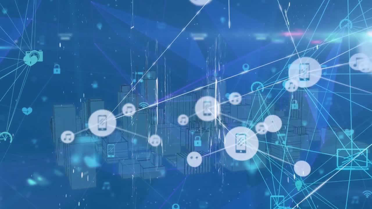 회전하는 건물 위의 그래픽 라인과 연결되는 전화 및 음악 아이콘의 디지털 애니메이션