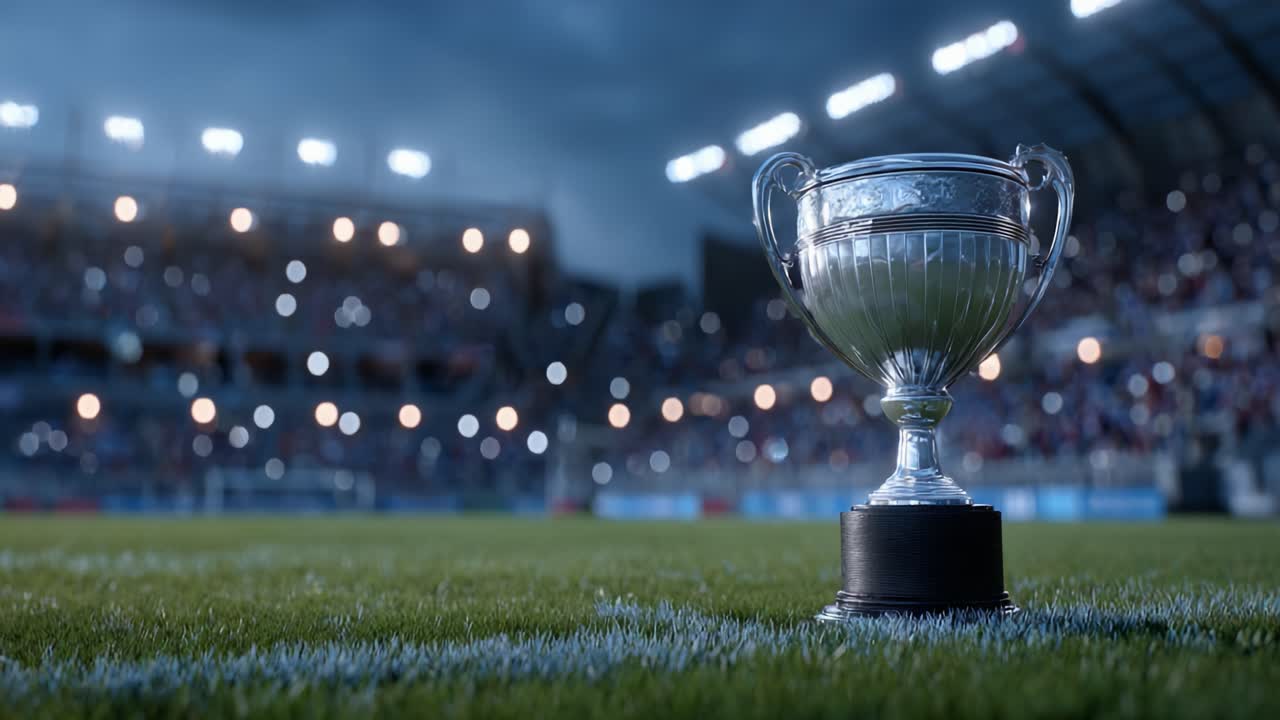 The Clarity of Victory: An Illuminated Trophy Stands Proudly at the Center of the Stadium, Signifying Achievement and Celebration in Competitive Sports