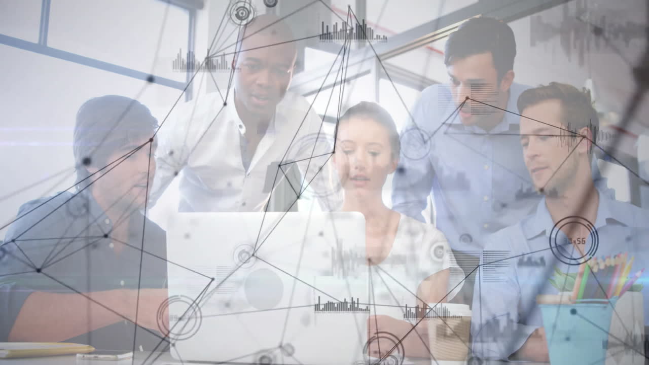 Tech team collaborating around laptop, analyzing charts, nodes and bar graphs with animated icons