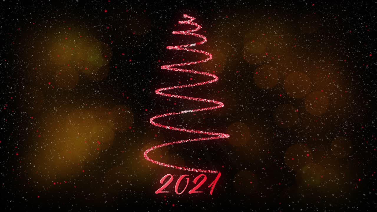 animación de nieve cayendo sobre texto de 2021 y árbol de navidad formado con estrella fugaz
