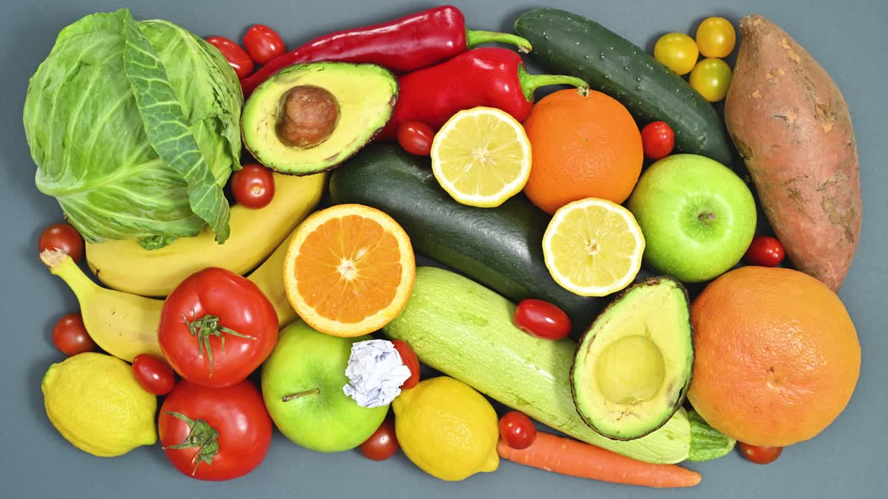 신선한 유기농 과일과 채소는 복사 공간 종이와 함께 테이블에 나타납니다. 평평하게 놓고 움직임을 멈추십시오. 건강한 라이프 스타일 개념