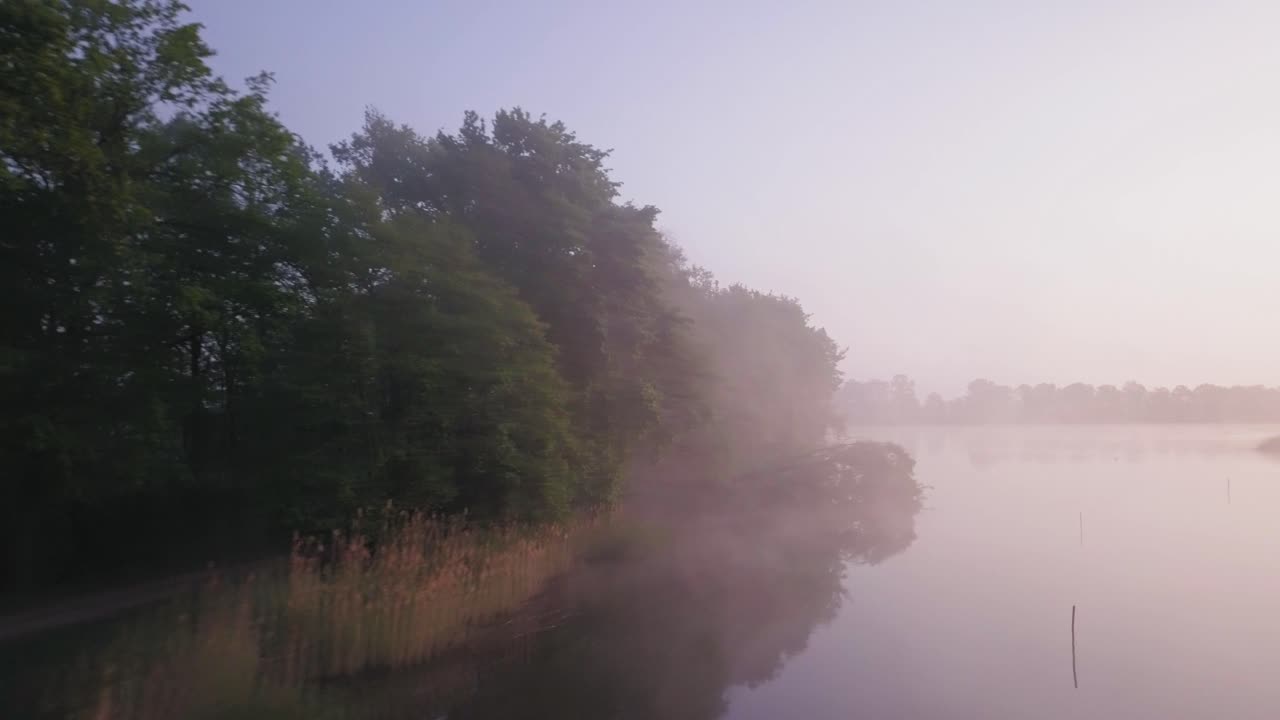 봄 한가운데 호숫가를 따라 비행