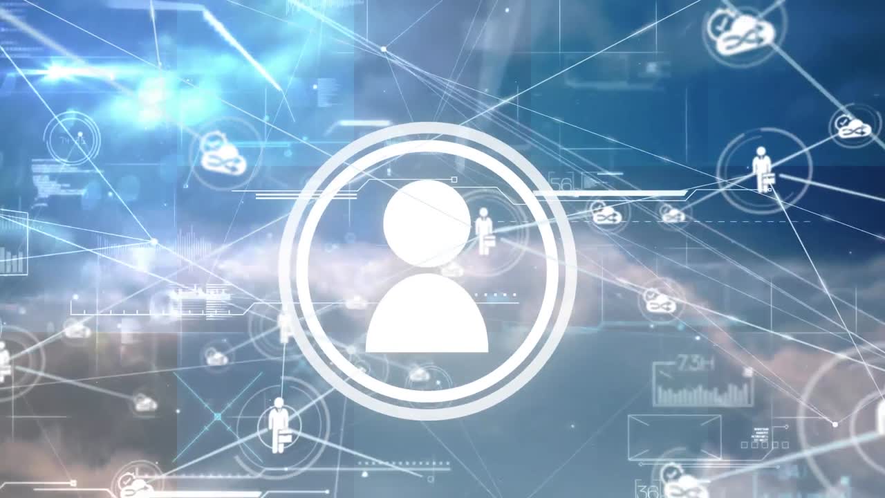 아이콘과 데이터 처리와 함께 연결 네트워크의 애니메이션 구름과 함께 하늘 위에