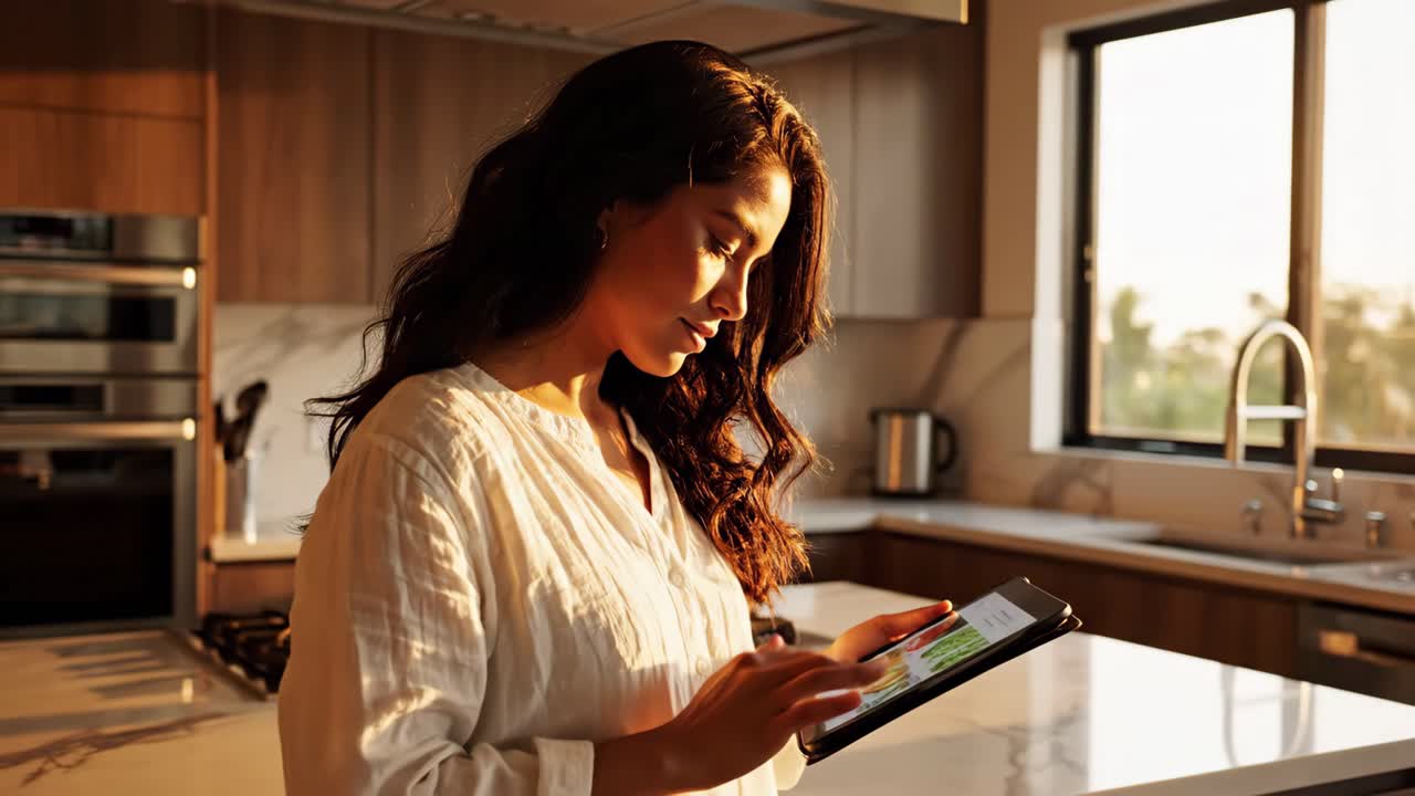 Woman Using Tablet in Modern Kitchen
