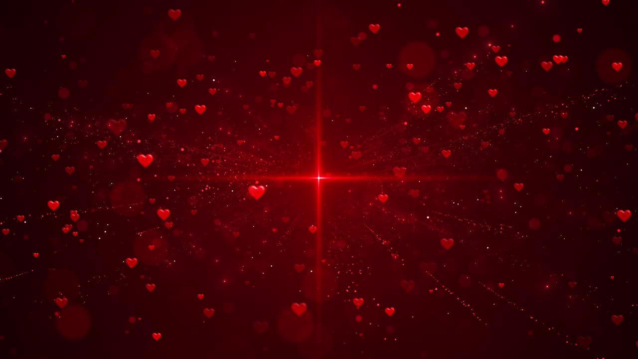 Sfondo cuori San Valentino, con stelle glitterate e luminose, cuori rossi lucidi e splendenti, amore