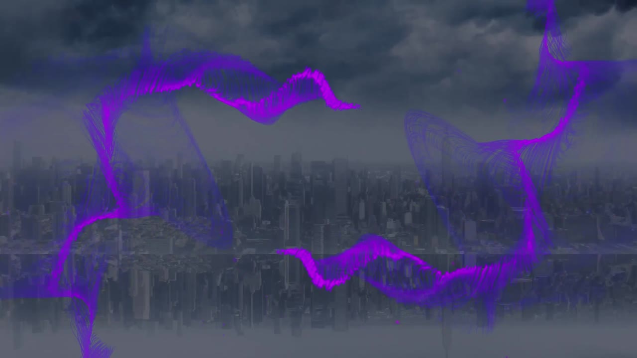Animation of purple wave over cityscape