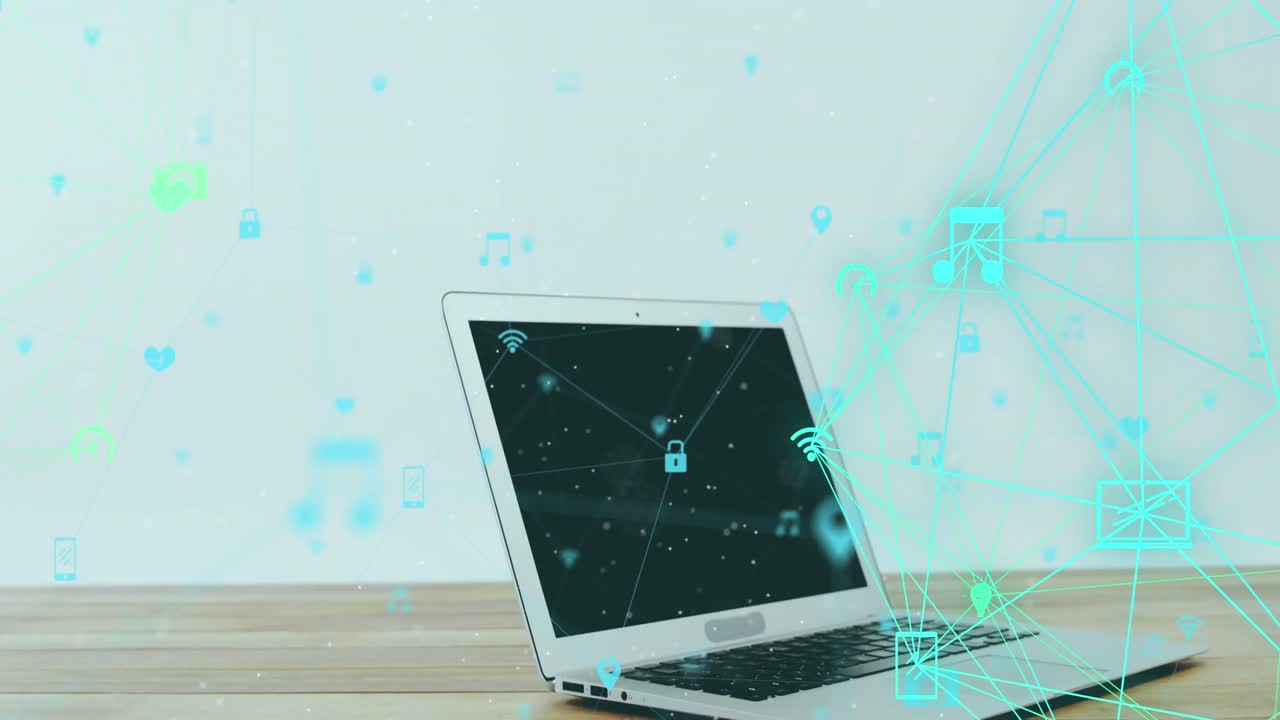 animación de la red de conexiones con iconos sobre el portátil