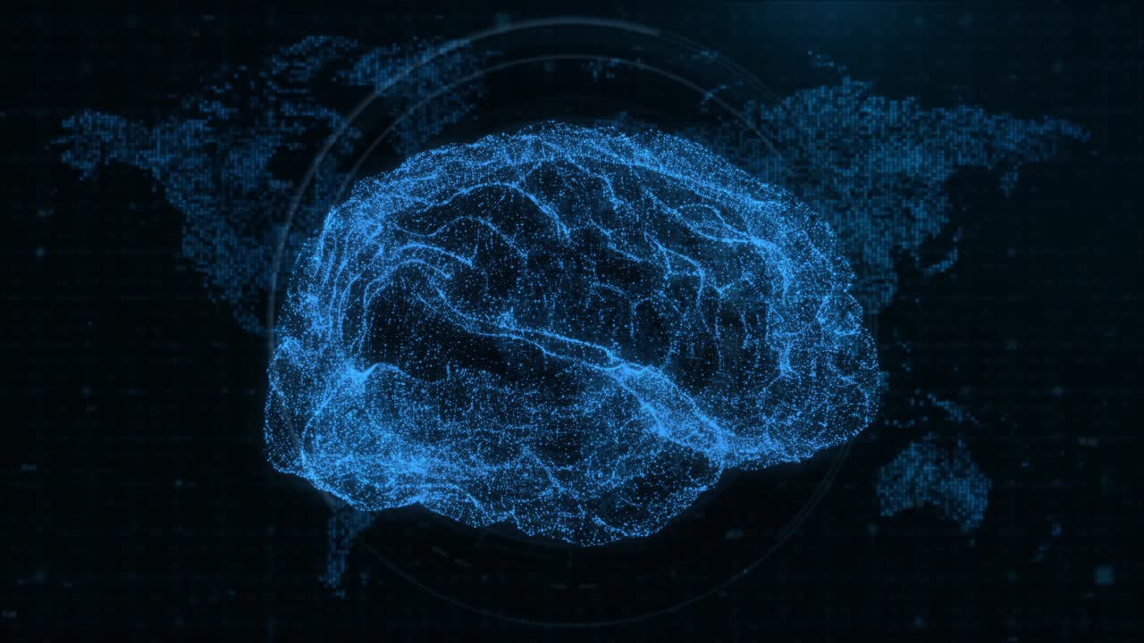 3D Technological Interface: Glowing Dashboard with Artificial Intelligence, Human Brain MRI Scan, and Network Data for Medical Research