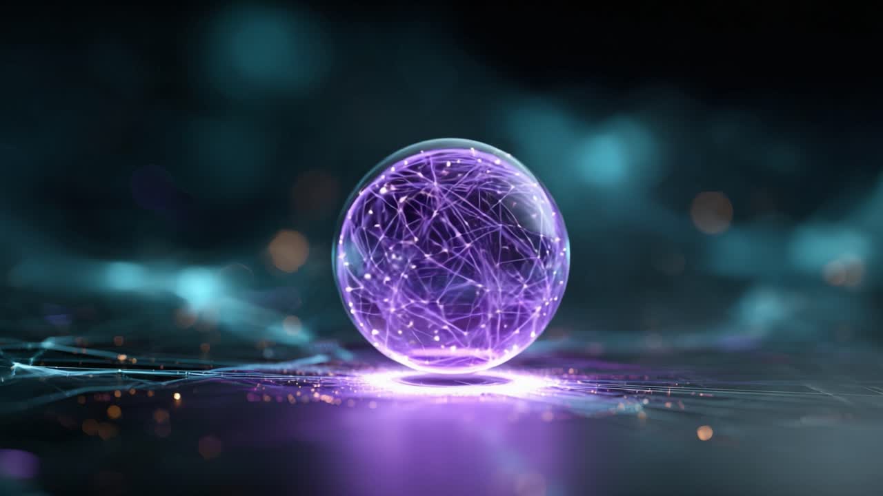 Una sfera luminosa accattivante e dinamica che rappresenta la tecnologia e le reti, ambientata su uno sfondo etereo sfocato, ricco di colori vivaci e particelle