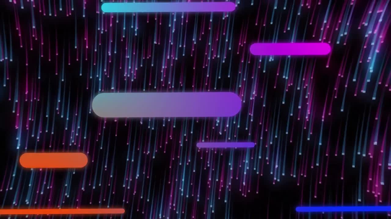 Animation of colourful capsule shapes moving across blue and purple shooting stars, on black