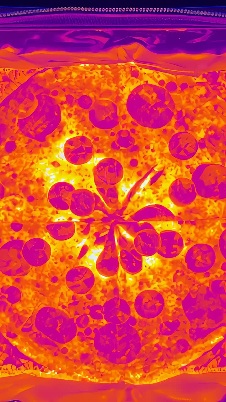 Video verticale: visualizzazione di un filtro a mappa termica che pulsa su una pizza su un vassoio di alluminio per mostrare il calore, cucitura con cerniera