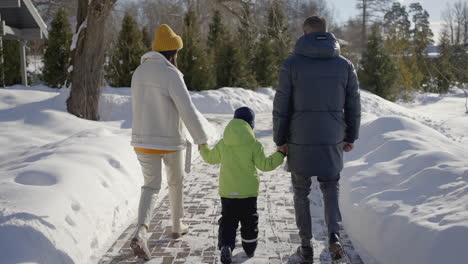 family enjoying a winter walk in the snow