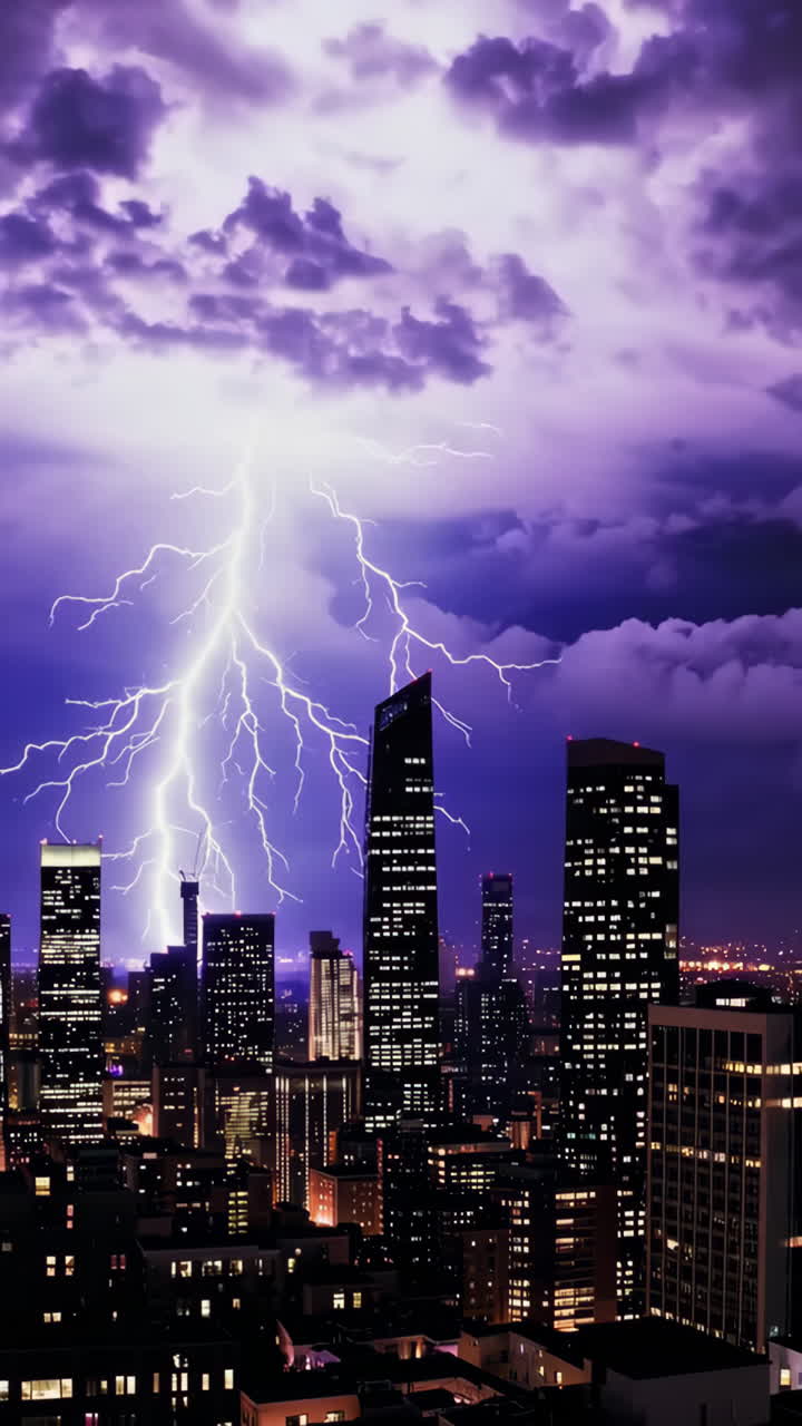 Lightning Strike over City Skyline at Night