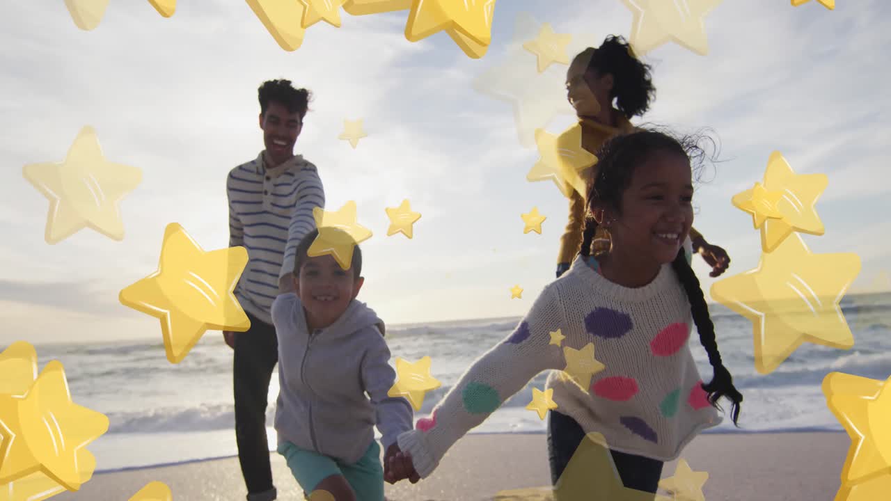 해변에서 행복한 히스패닉 가족에 대한 별의 애니메이션