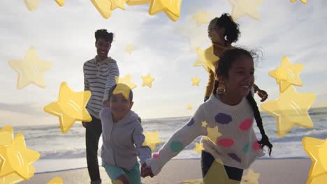 animación de estrellas sobre feliz familia hispana en la playa