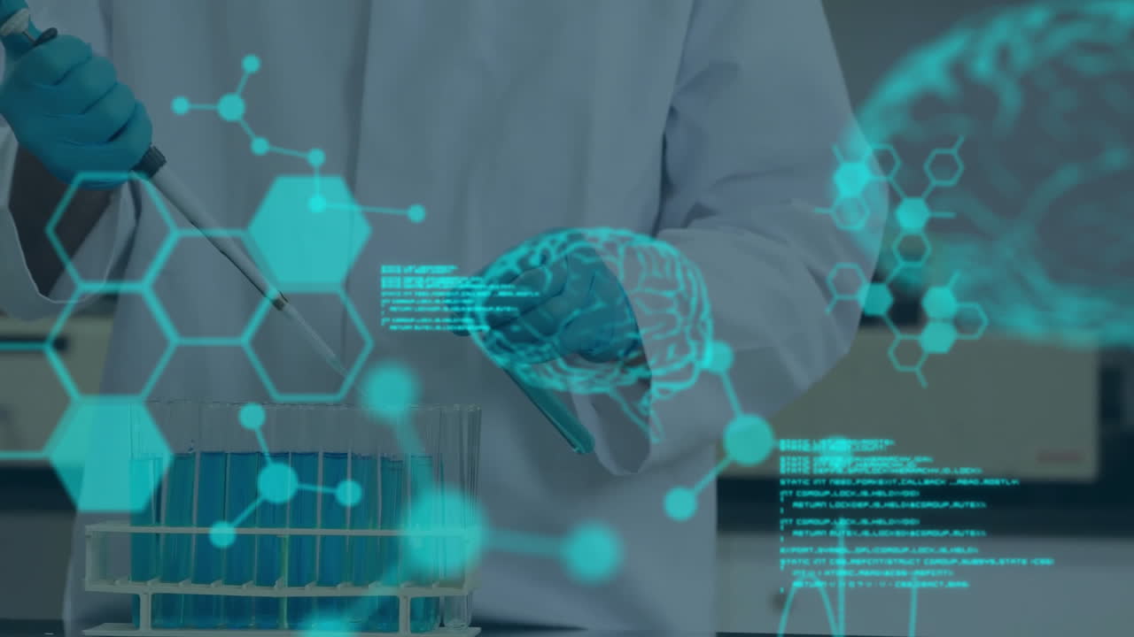 animación del procesamiento de datos científicos sobre un científico masculino en el laboratorio