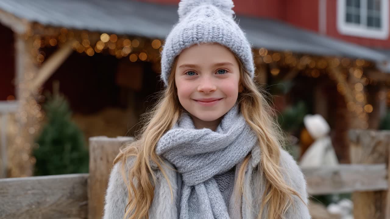 A Joyful Young Girl in a Cozy Winter Attire with a Warm Smile Standing in Front of a Festively Decorated Barn Amidst a Winter Wonderland Setting
