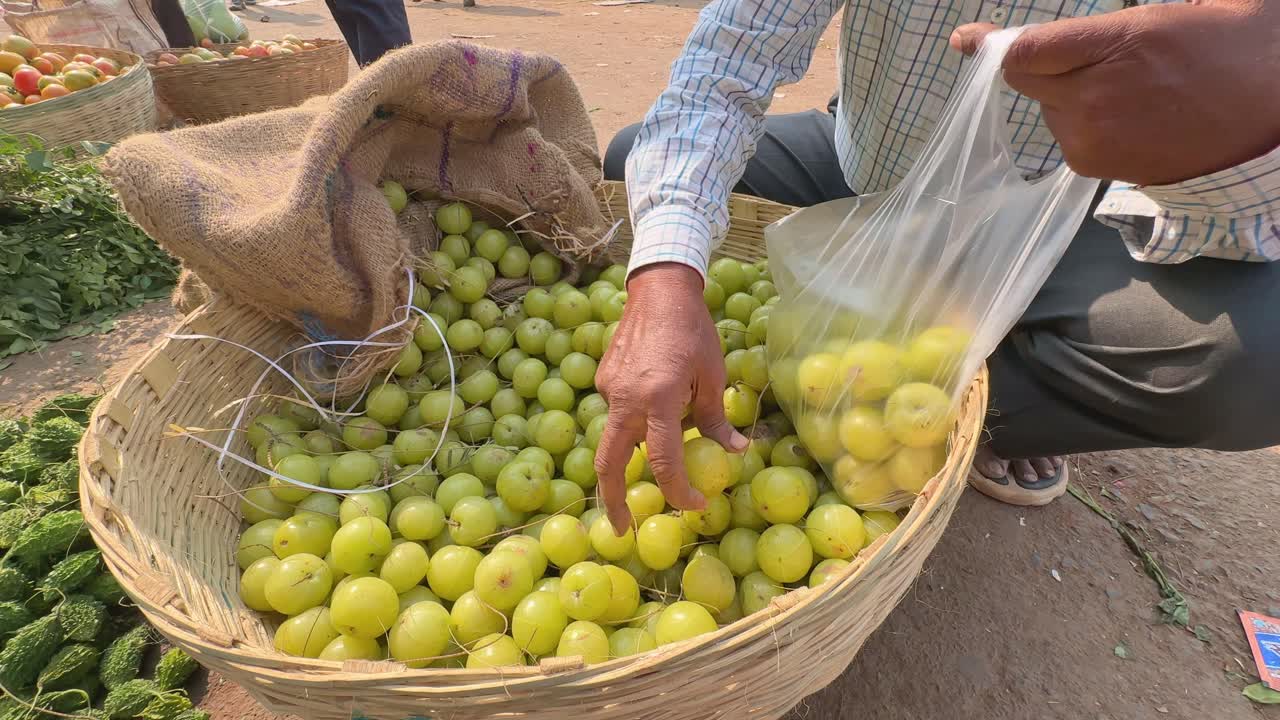 close up of a hand picking fresh awla or goose berries from a pile